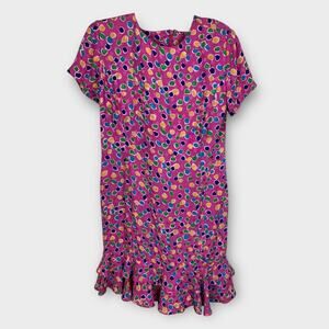 Vintage 80s 100% Silk Ruffle Hem colorfull polka dot drop waist dress Medium 8